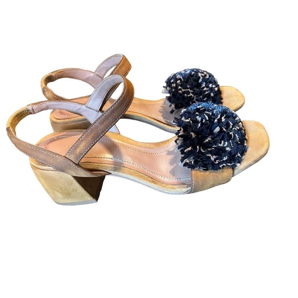 Zara Pom Pom Suede Block Heel  Sling Back Shoes 6 - Picture 3 of 9